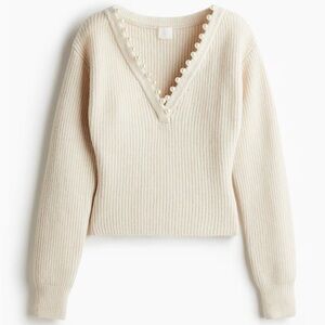Cream V-Neck Sweater with Pearl Detailing